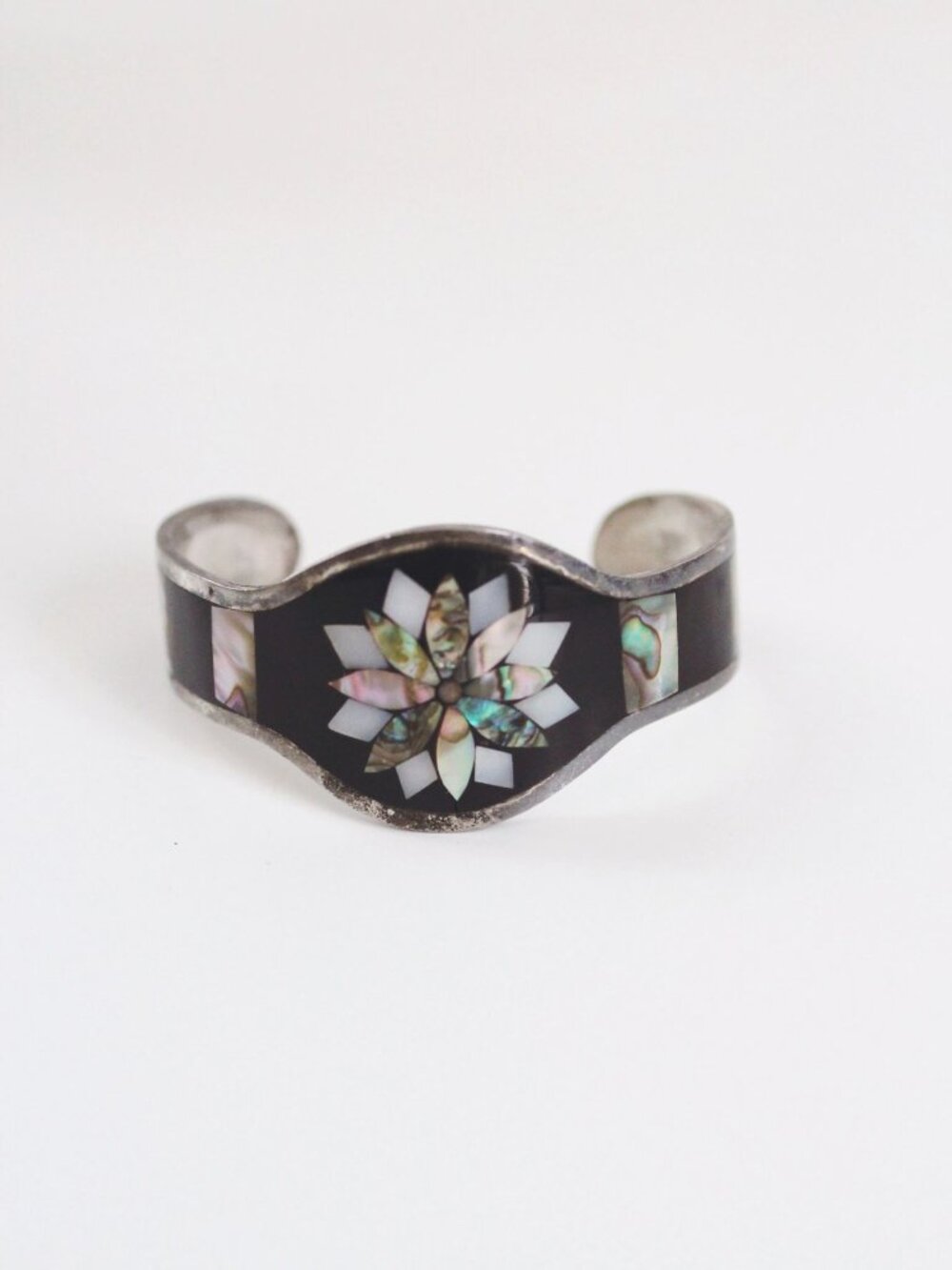 Vintage Alpaca Silver Abalone Mother-Of-Pearl Inlay Cuff Bracelet Enamel Mexico - Picture 3 of 7
